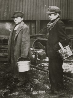 Going to their work at 5 P.M. "Sheeny Joe's" Glass House,  1913