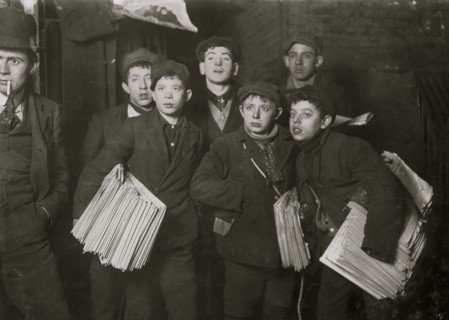Group of Newsboys on Frankfort Street near World Building. 1908