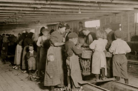 Group of oyster shuckers working in canning factory of Dunbar, Lopez, Dukate Co. All but the very smallest babies work. 1911