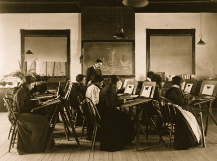 Group portrait of teacher and students at Hampton Institute painting watercolor pictures of butterflies 1899