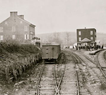 Hanover Junction, Pennsylvania. View of railroad station and boxcars 1864