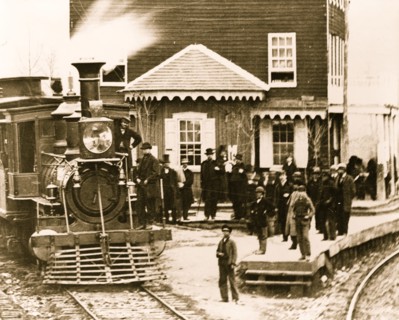 Hanover Junction, Pennsylvania--1863--Hanover Junction Railroad Station (detail of locomotive and crowd 1863