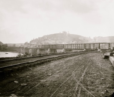 Harper's Ferry, W. Va. View of the town and railroad bridge 1862
