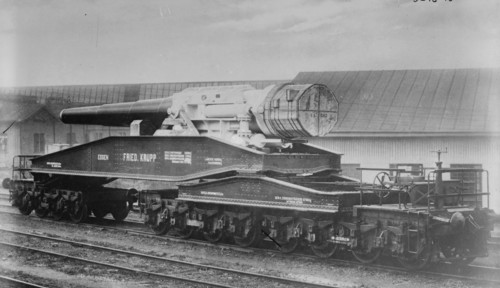 Huge Krupp Manufactured German Artillery Cannon being transported by Rail Car 1918