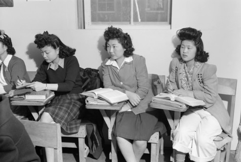 In biology class, high school, Kiyo Yoshida, Lillian Watkatsuki, Yoshiko Yamasaki,  1943