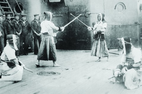 Japanese Sailors Fencing on Board Ship