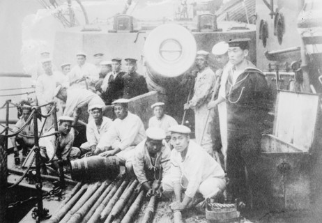 Japanese Sailors Scour the decks of their Warship 1905