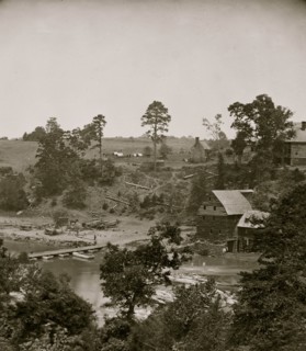 Jericho Mills, Virginia. Looking up North Anna river from south bank, canvas pontoon bridge and pontoon train on opposite bank, May 24, 1864 1864