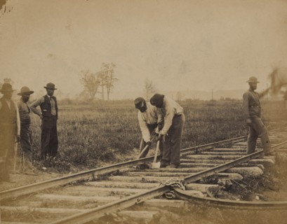 Military railroad operations in northern Virginia: African American laborers working on rail 1863