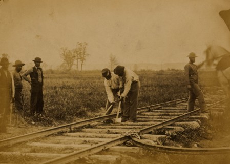Military railroad operations in northern Virginia: African American laborers working on rail 1863