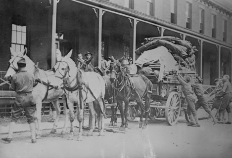 Mule team of 12th Infantry pulling loaded wagon on hike to Pine Plains 1908