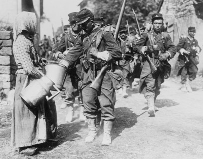 Peasant Woman provides water to passing French Troops 1918