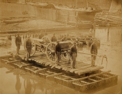 Raft of blanket boats ferrying field artillery and soldiers across the Potomac River 1863