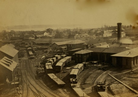 Bird's eye view of machine shops, with east yard of Orange & Alexandria Railroad 1863