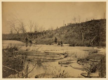 Repairing Bull Run Bridge. Construction Corps U.S.M.R. Railroads. 1863