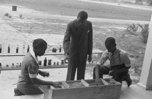 Robert Pierce, school principal, directs a science class making experiments with soils, Gees Bend, Alabama 1939