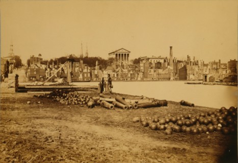 View taken from south side of canal basin, Richmond, Va., - April, 1865--showing Capitol, Custom House, etc. 1863