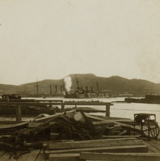 Russia's fleet being sunk by Japanese shells  1905