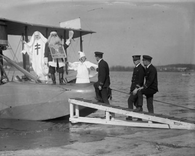 Santa Claus Arrives by Seaplane selling Christmas Seals for Tuberculosis 1923