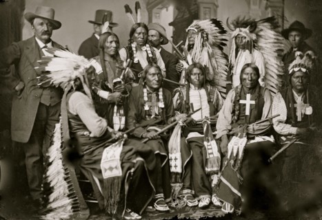 Sioux and Arapahoe Indian Delegations. L to R Seated - Red Cloud, Big Road, Yellow Bear, Young Man Afraid of his Horses, Iron Crow. L to R Standing - Little Bigman, Little Wound, Three Bears, He Dog 1...