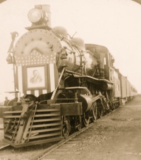 Teddy Roosevelt Campaign Train Locomotive with his Image as an escutcheon on face of the Engine 1903