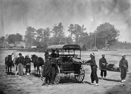 Union Zouaves Bear Stretchers and load men onto a Horse Drawn Ambulance 1863