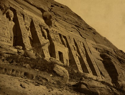 View of facade of the small temple at Abu Sunbul, Egypt, showing sculptures of Hathor and Ramses II. 1880