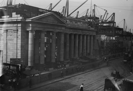 View of the since demolished Pennsylvania Railroad Station as seen from Gimbals 1912