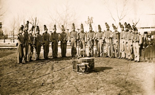 Washington, D.C. Band of 9th Veteran Reserve Corps, in shakoes and frogged jackets, at Washington Circle 1865
