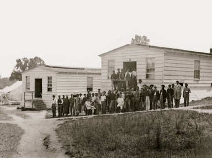 Washington, District of Columbia (vicinity). Group of patients in front of ward B. Harewood hospital 1863