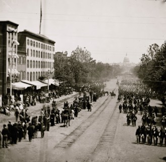 Washington, District of Columbia. Grand Review of the Army. Infantry passing on Pennsylvania Avenue near the Treasury 1865
