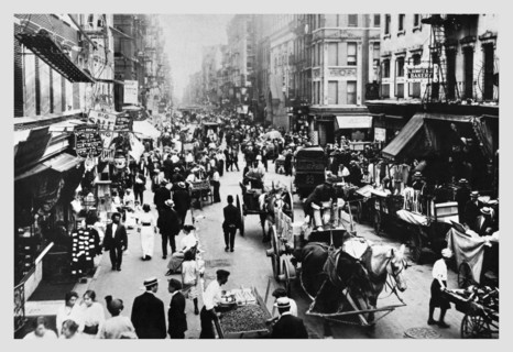 People, Peddlers, and Horse-Drawn Carriages on a Lower East Side Street 1900