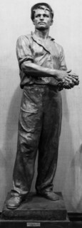 A worker' bronze sculpture by v, sokolov at the all-union art exhibition, 1950.