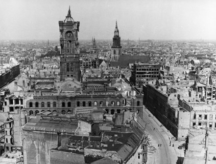 Berlin's red city hall, foreground, left, showing severe bomb damage, berlin in ruins at the end of world war ll, germany, 1945.