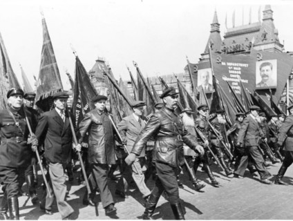 The nov, 7th parade of veterans of 1917 october revolution, at red square, moscow, in late 1930s.