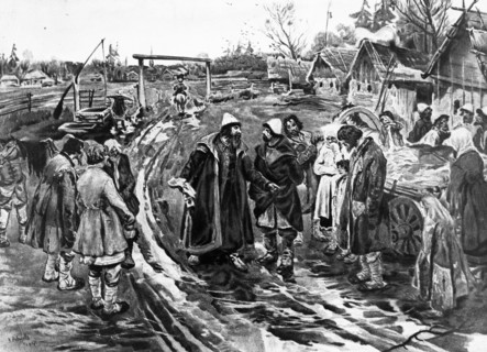 The tsar's agents collecting taxes from the peasants, during the reign of tsar alexis (aleksei mikhailovich romanov), serfs werebound to the land by laws increasingly severe, because of the tithes and...