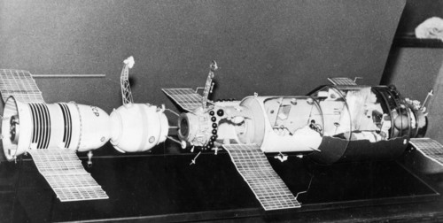 A model of soyuz 11 docked with the salyut 1 space station, 1971.