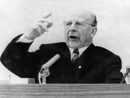 Walter ulbricht speaking at an international press conference in east berlin, january 19, 1970, he underlined the attitude of the gdr to the cause of safeguarding peace by concluding a treaty on the e...