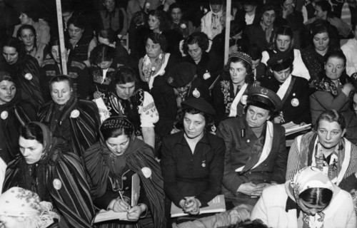 National congress of the league of women held on march 3 & 4, 1951 in warsaw, poland, women participants in a section of the great hall of the polytechnic school during the congress sessions.