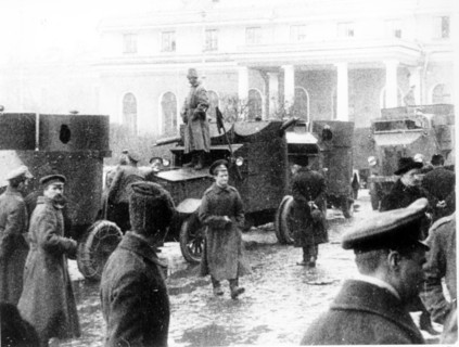 The red guards with armored cars during the days of the great october revolution, 1917.