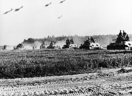 world war ll, battle of kursk, red army t-34 tanks advancing during the battle of prokhorovka, at the kursk bulge, 30 km from the city of belgorod, the battle of prokhorovka july 12, 1943, was the sec...