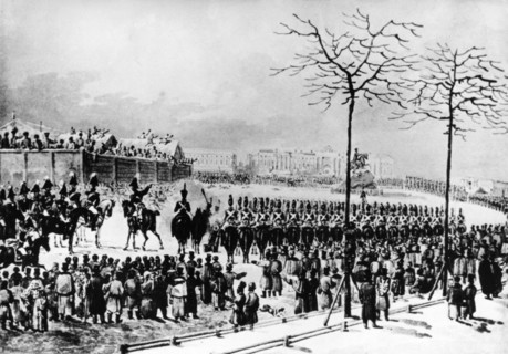 The decembrist uprising, 1825, senate square, st, petersburg, russia, tsar nicholas i orders cannons fired at the rebels, december 14th, 1825, from an old watercolor by k, kolman.