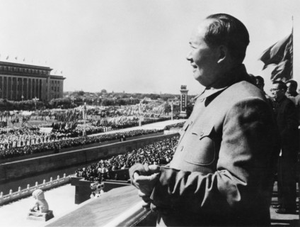 Chairman mao zedong on the rostrum in tienanmen square viewing a parade in honor of the 14th anniversary of the founding of the people's republic of china, beijing, china, october 1963.