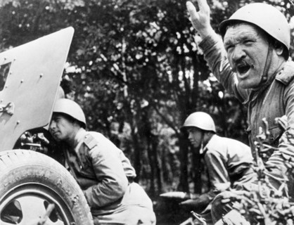 Ukrainian front, voronov (far right), commander of this soviet gun crew, is a veteran soldier, who fought against the germans in the last war, he has distinguished himself in the present war against t...