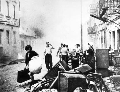 world war ll: the conflagration casts a sinister glow on the chaos of nazi destruction in the streets of minsk.