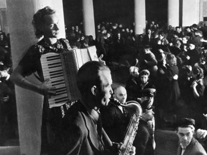 A soviet jazz band performs on a sunday in moscow, 1950s.