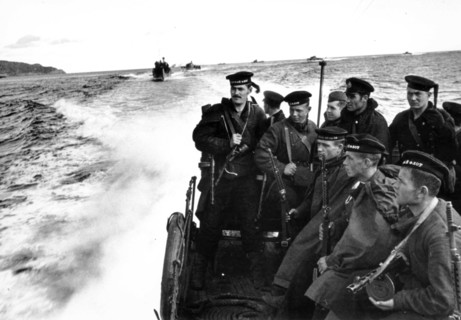 An amphibious marine force is disembarked from the ships of the soviet north fleet in 1942.