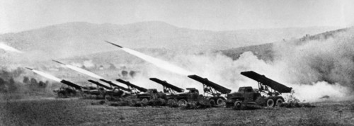 A battery of soviet katyusha rockets firing in the carpathian mountains during world war 2, 1944.