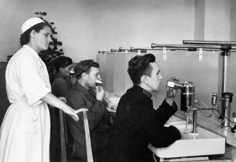Soviet health spa, miners of the sophia colliery in the stalino region of the ukraine receiving inhalation treatment at a new facility, the network of medical and prophylactic institutions is growing ...