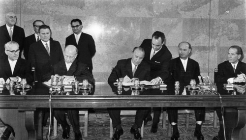 Seated left to right - gdr prime minister willi stoph, political bureau member of the socialist unity party of germany